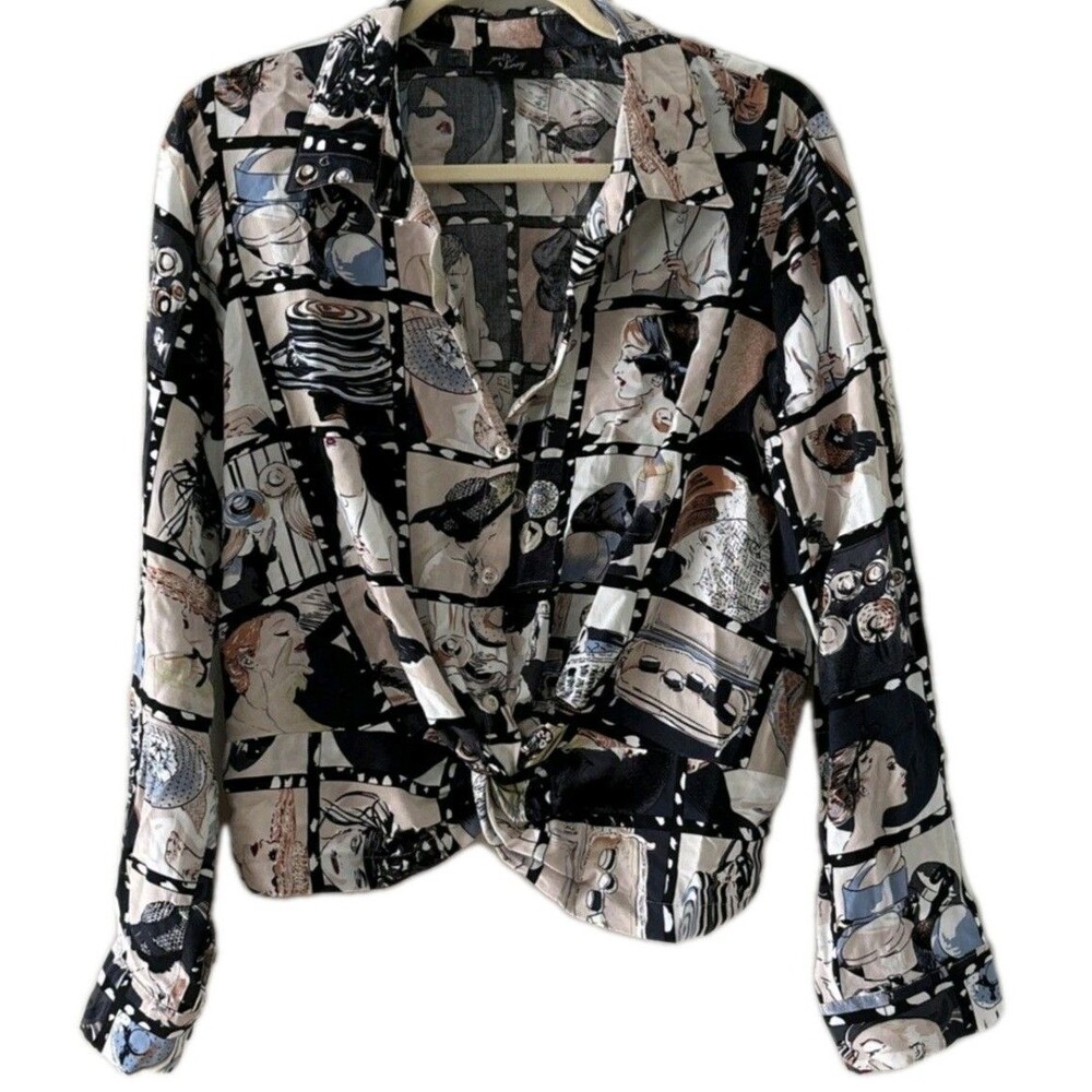 Milk & Honey Graphic Button-Up Blouse Size S Women Print Roll Sleeve